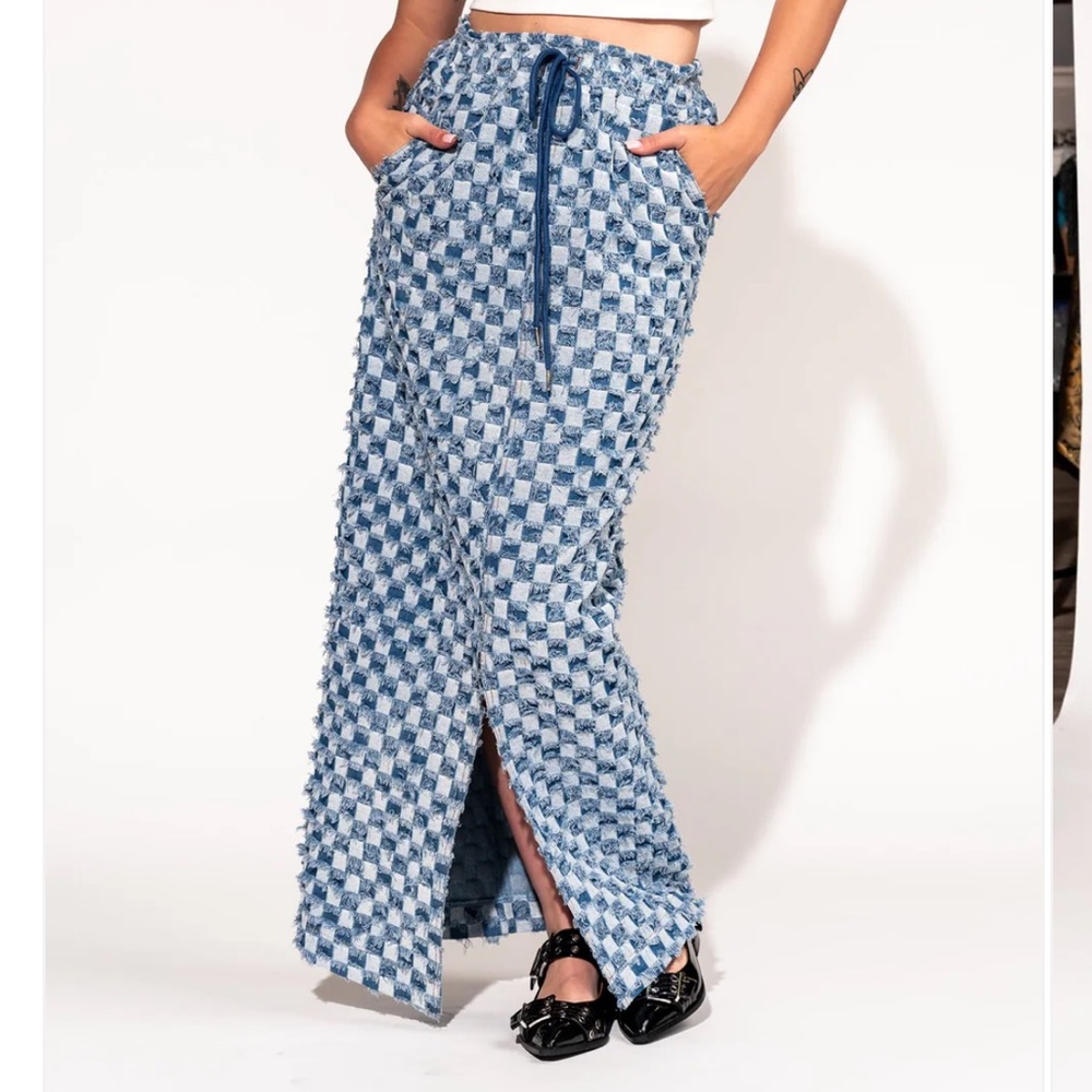 Dressed in LALA Check Mate Textured Denim Maxi Skirt
